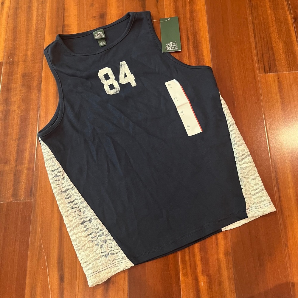 Wild Fable Graphic Tank Navy Blue White Lace 84 Graphic Sleeveless New NWT XS